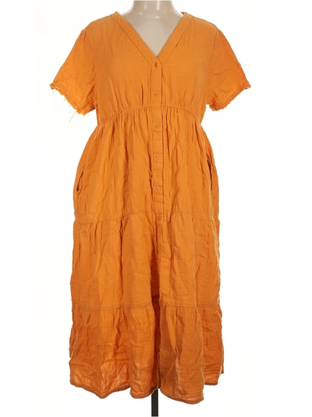 Pact Orange Button-Front Tiered Organic Cotton Gauze Midi Dress Large